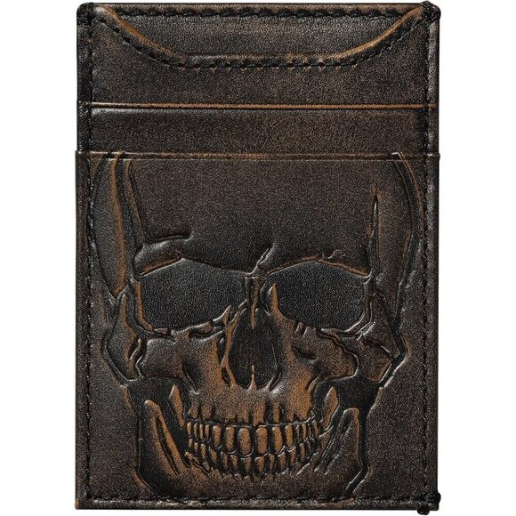 Men Brown SKULL Front Pocket Wallet Money Clip Strong Magnetic Clip Slim Wallet - Picture 1 of 7
